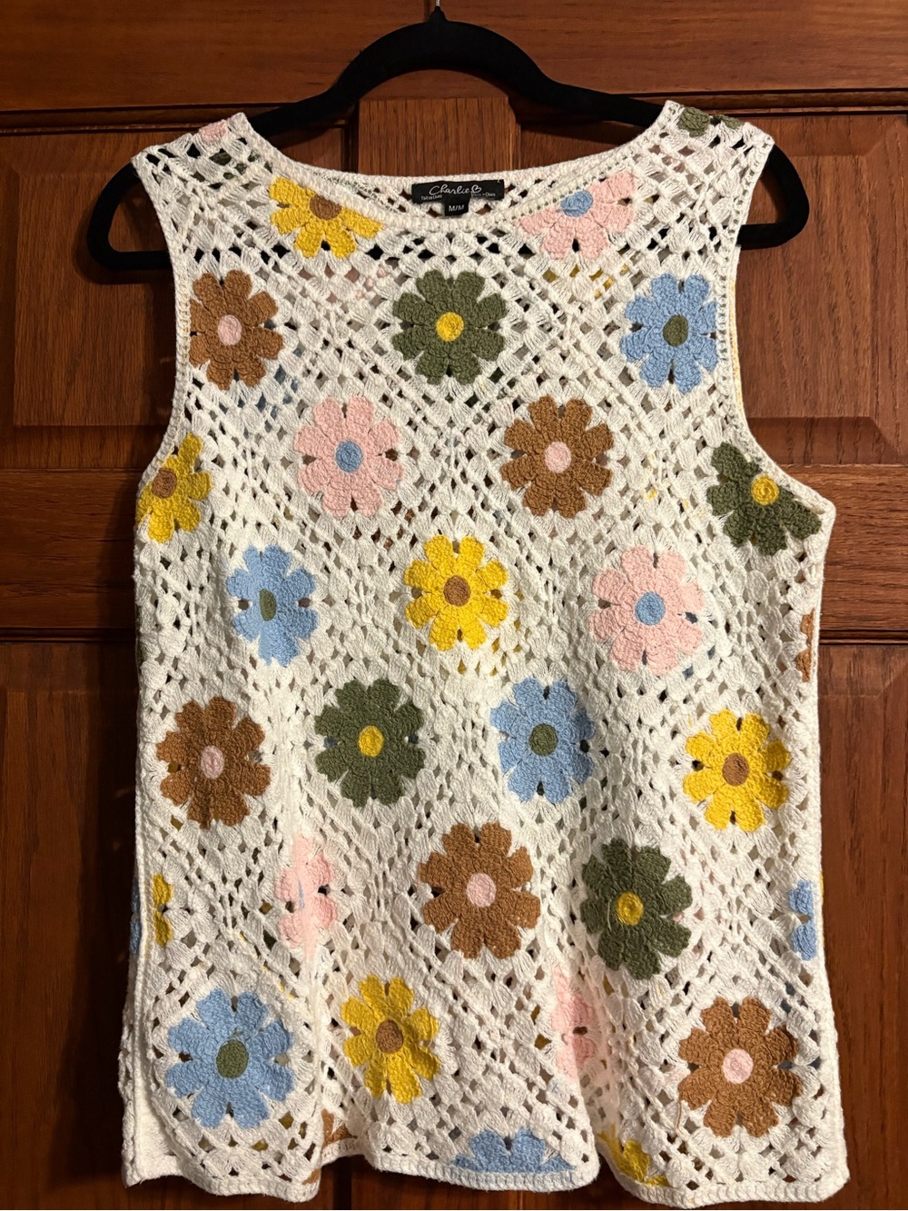 Charlie B Crochet Flower Tank Top - White with Yellow, Blue, Pink, Brown, Green